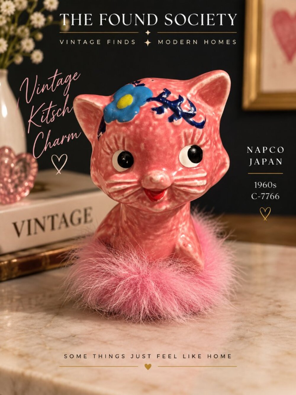 Vintage NAPCO Japan Pink Kitty Cat C-7766 Fuzzy Fur 1960s MCM Kitsch